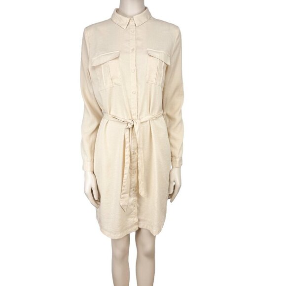 ICHI Butter Yellow Shirt Long Sleeves Belted French Tunic Summer Dress sz 36 - Picture 3 of 6